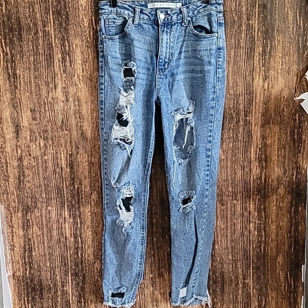 TINSELTOWN Size 9 Distressed High Rise Mom Jeans Ripped Destroyed Acid